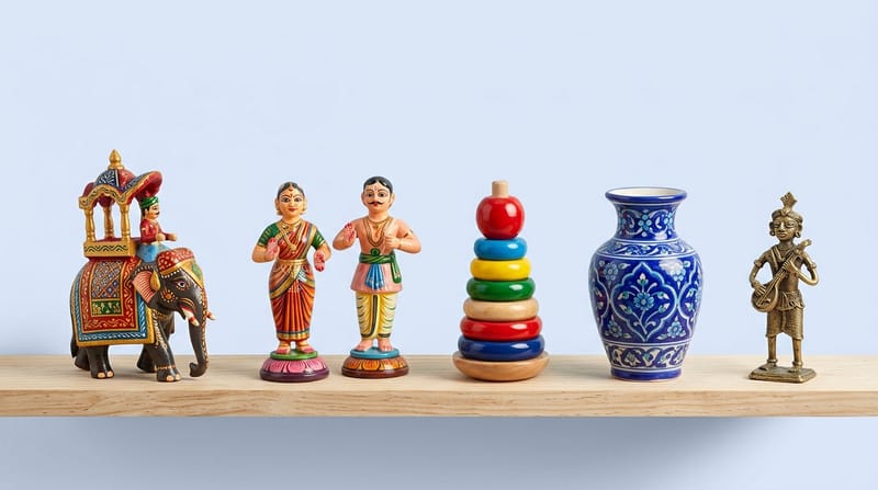 Kondapalli wooden toys, a Channapatna toy, a blue pottery vase and a Dokra figurine