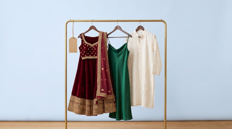 Velvet lehenga, emerald slip dress and ivory chikankari kurta on a rail