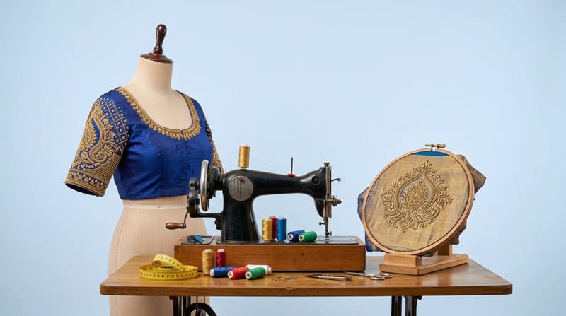 Sewing machine, embroidered blouse on a dress form and a maggam embroidery frame