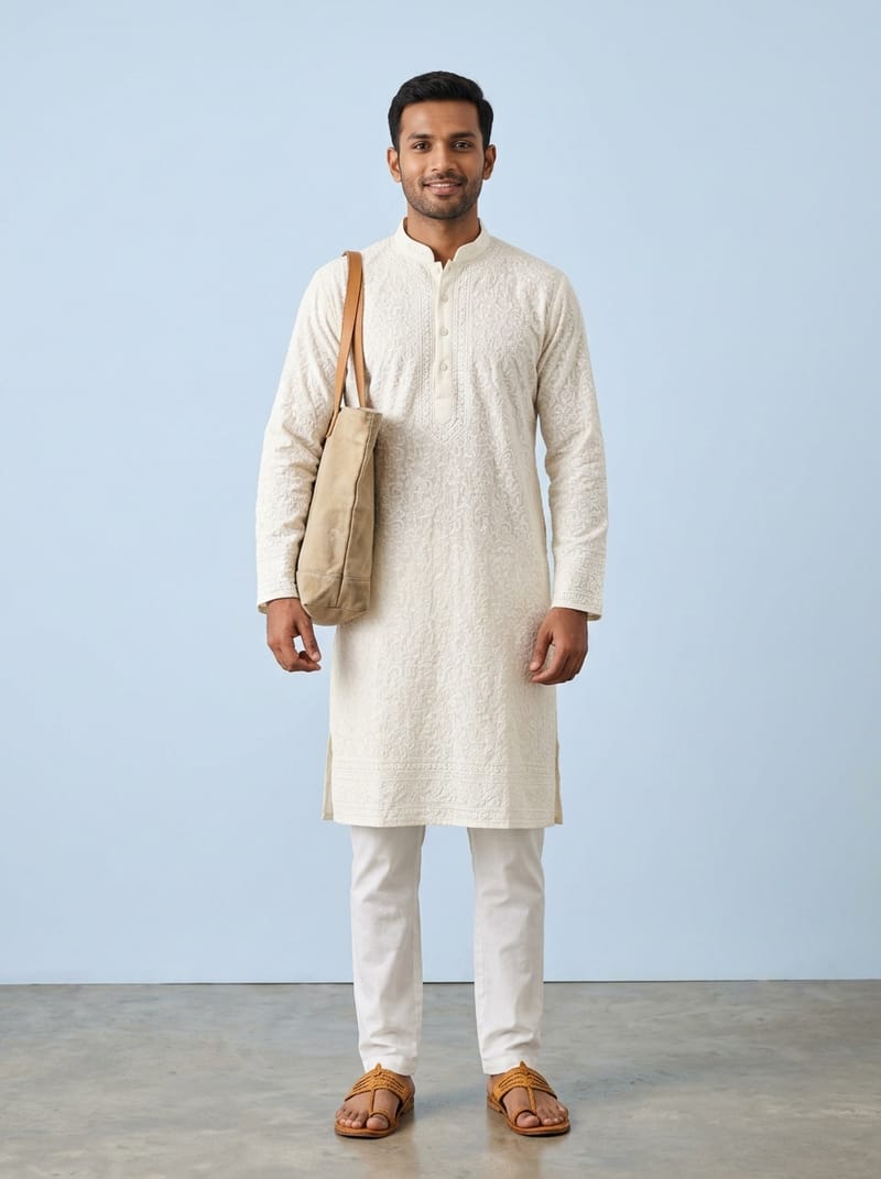 AI-generated model in an ivory chikankari kurta and white pyjama, carrying a canvas tote