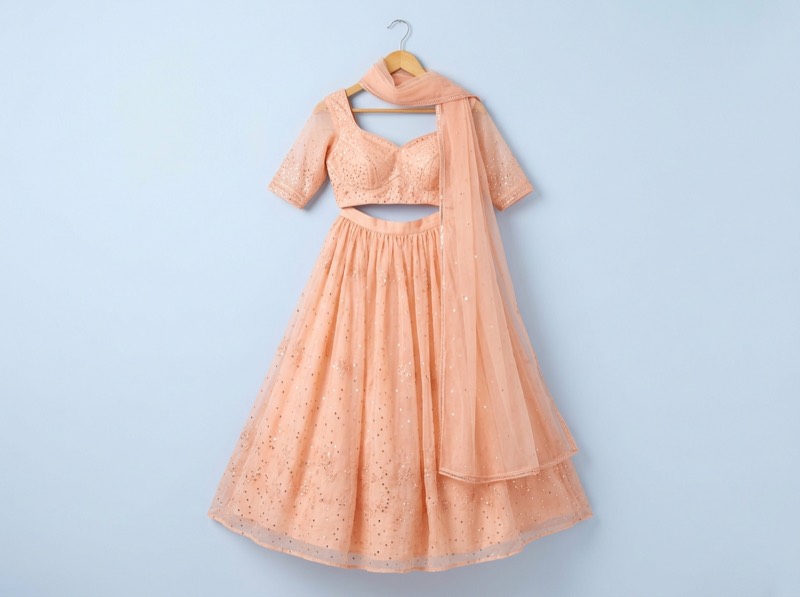 Peach organza lehenga