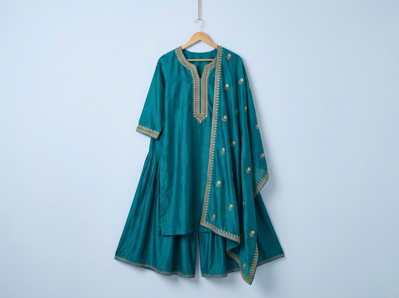 Teal silk sharara set